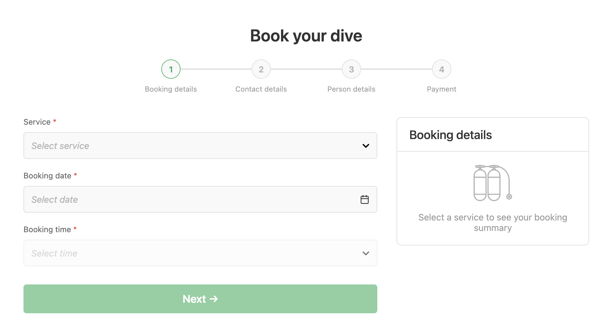 noDeco booking widget: choose service, date and time, then contact details, diver details and payment